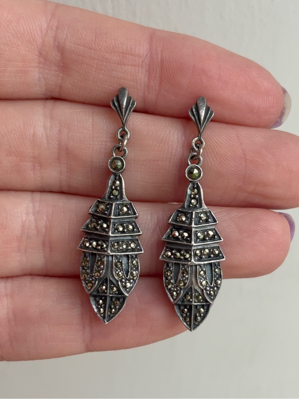 Sterling Silver Art Deco Vintage Marcasite Gemstone Drop Dangle Earrings - Picture 4 of 8